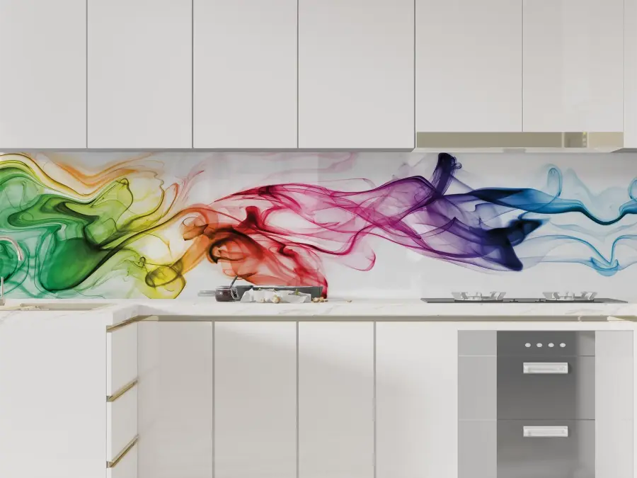 Rainbow smoke on white kitchen splashback