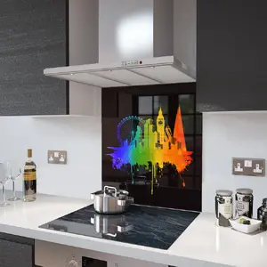 Lifestyle image of Glass Splashback in 'Pride' London on Black - 60cm Wide x 75cm High