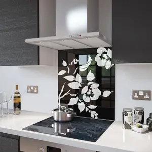 Lifestyle image of Glass Splashback in Black Floral - 60cm Wide x 75cm High
