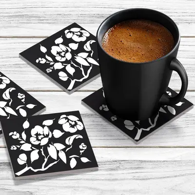 4 x Acrylic Coaster in Black Floral