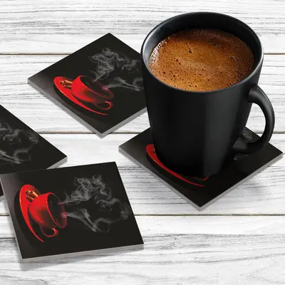 4 x Acrylic Coaster in Red Coffee Cup