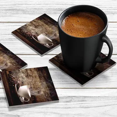 4 x Acrylic Coaster in White Coffee Cup With Beans