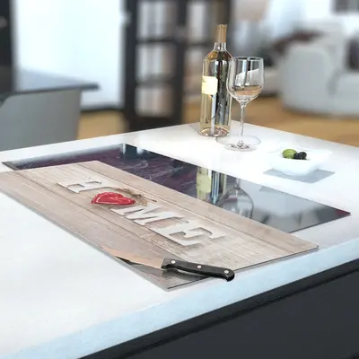 Glass Hob Cover / Chopping Board in Home and Red Heart - 30cm Wide x 52cm High