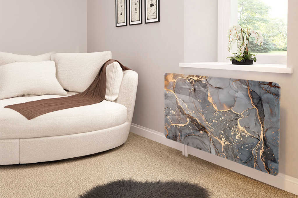 A kitchen scene with Liquid Gold splashback.